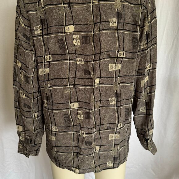 Vintage 1990s Allison Taylor Petite Silk Black & White Graphic Button Up - Picture 3 of 4
